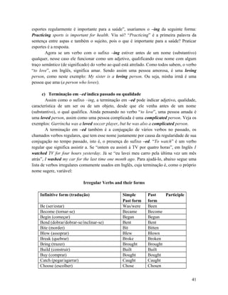 esportes regularmente é importante para a saúde”, usaríamos o –ing da seguinte forma:
Practicing sports is important for health. Viu só? “Practicing” é a primeira palavra da
sentença entre aspas e também o sujeito, pois o que é importante para a saúde? Praticar
esportes é a resposta.
Agora se um verbo com o sufixo –ing estiver antes de um nome (substantivo)
qualquer, nesse caso ele funcionar como um adjetivo, qualificando esse nome com algum
traço semântico (de significado) do verbo ao qual está atrelado. Como todos sabem, o verbo
“to love”, em Inglês, significa amar. Sendo assim uma pessoa amorosa, é uma loving
person, como neste exemplo: My sister is a loving person. Ou seja, minha irmã é uma
pessoa que ama (a person who loves).
c) Terminação em –ed indica passado ou qualidade
Assim como o sufixo –ing, a terminação em –ed pode indicar adjetivo, qualidade,
característica de um ser ou de um objeto, desde que ele venha antes de um nome
(substantivo), o qual qualifica. Ainda pensando no verbo “to love”, uma pessoa amada é
uma loved person, assim como uma pessoa complicada é uma complicated person. Veja os
exemplos: Garrincha was a loved soccer player, but he was also a complicated person.
A terminação em –ed também é a conjugação de vários verbos no passado, os
chamados verbos regulares, que tem esse nome justamente por causa da regularidade de sua
conjugação no tempo passado, isto é, o presença do sufixo –ed. “To watch” é um verbo
regular que significa assistir a. Se “ontem eu assisti à TV por quatro horas”, em Inglês I
watched TV for four hours yesterday. Já se “eu lavei meu carro pela última vez um mês
atrás”, I washed my car for the last time one month ago. Para ajudá-lo, abaixo segue uma
lista de verbos irregulares comumente usados em Inglês, cuja terminação é, como o próprio
nome sugere, variável:
Irregular Verbs and their forms
Infinitive form (tradução) Simple
Past form
Past Participle
form
Be (ser/estar) Was/were Been
Become (tornar-se) Became Become
Begin (começar) Began Begun
Bend (dobrar/dobrar-se/inclinar-se) Bent Bent
Bite (morder) Bit Bitten
Blow (assoprar) Blew Blown
Break (quebrar) Broke Broken
Bring (trazer) Brought Brought
Build (construir) Built Built
Buy (comprar) Bought Bought
Catch (pegar/agarrar) Caught Caught
Choose (escolher) Chose Chosen
41
 