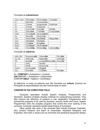 Formação de substantivos:
- ance / ence Preference Performance Tolerance
- or Operator Accumulator
- er Trainer programmer Employer
- ee Trainee Employee
- ist Economist Scientist Dentist
- ion Education Collision Compilation
- ment Investment development
- ity Sincerity Generosity
- ism Modernism Buddhism Magnetism
- ness Happiness Darkness
- dom Freedom Kingdom
- hood Childhood Brotherhood
- ship Friendship Partnership relationship
Formação de adjetivos:
- able, ible Programmable Admirable Divisible
- an, ian American Sagitarian suburban
- ful Hopeful wonderful/beautiful Powerful
- y Tasty Healthy
- ic Poetic Democratic
- ical/al Sociological Magical
- less Homeless Childless Wireless
Ex.: COMFORT = Substantivo = Conforto
UNCOMFORT = Substantivo = Desconforto
CONFORTABLE = Adjetivo = Confortável
1) Selecione no texto as palavras que são formadas por sufixos. Escreva em
Português as especialidades que são mencionadas no texto:
CAREERS IN THE COMPUTERS FIELD
Computer specialists include System Analysts, Programmers and
Operators. Systems Analysts develop methods for computerizing business. They
also improve the efficiency of systems in use. Application Programmers write
commercial programs to be used by business, science center and home. System
Programmers write the complex programs that control the inner working of the
computer. Computer operators handle several types of computers.
Other people who work in the computer field include Computer Scientists,
who conduct research and teach at universities; Hardware Designers and
Engineers, who work in areas such as microchip and peripheral equipment design;
47
 