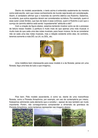 Dentro do modelo ascendente, o texto acima é entendido exatamente da maneira
como está escrito, sem que nosso conhecimento de mundo seja levado em consideração.
Assim, é verdadeiro afirmar que o motorista do carrinho elétrico era Rubinho. Sabemos,
no entanto, que outros aspectos devem ser considerados na leitura. Por exemplo, quem é
esse autor (José Simão), que tipo de texto é esse (crônica), quem é Rubinho e por que o
sumiço do carrinho elétrico está sendo “supostamente” atribuído a ele?
Com a criação da figura abaixo, estamos tentando mostrar como se dá o processo
de leitura nesse modelo: a partitura é muito mais do que apenas uma nota musical; é
muito mais do que cada uma das notas musicais; para haver música, há de se considerar
não só cada uma das notas musicais, mas a relação existente entre elas; do contrário,
teremos somente a nota DÓ, ou LA, ou SOL, etc.
Uma metáfora bem interessante para esse modelo é a da floresta; pense em uma
floresta; faça uma lista de tudo o que imaginou.
Pois bem. Pelo modelo ascendente, é como se, diante de uma maravilhosa
floresta, como a Floresta Amazônica, por exemplo, em vez de contemplá-la por inteiro,
ficássemos admirando cada elemento que a constitui – apesar de isso também ser muito
importante. Porém, não conseguiríamos compreender a dimensão da grandeza da
Floresta Amazônica, como tentamos representar nas imagens abaixo:
7
 