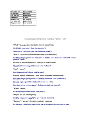 You were not     You weren't
he was not       he wasn't
she was not      she wasn't
it was not       it wasn't
we were not      we weren't
you were not     you weren't
they were not    they weren't




                  PERGUNTAS COM PALAVRAS INICIADAS POR WH- / HOW


   "What" = qual, que (quando não há alternativas definidas)

   Ex: What is your name? (Qual é o seu nome?)

   What kind of car is that? (Que tipo de carro é aquele?)

   "Which" = que, qual (quando há alternativas, para a resposta).

   Ex: Which do you prefer? The black shirt or the blue one? (Qual você prefere? A camisa
   preta ou a azul?)

   Quando as alternativas estão na sentença de modo indireto:

   Which hotel did he stay at? (Em qual hotel ele ficou?)

   "How" = "como":

   How do you do that? (Como você faz isso?)

   Com um adjetivo ou advérbio, "how" indica quantidade ou intensidade:

   How often do you go to parties? (Quão freqüentemente você vai à festas?)

   How old is your grandfather? (Que idade tem seu avô?)

   How deep is this swimming pool? (Quão profunda é esta piscina?)

   "Where" = aonde

   Ex: Where do you live? (Aonde você mora?)

   "Why" = Por que (interrogativo)

   Ex: Why are you so happy? (Por que você está tão feliz?)

   "Because" = "porque" afirmativo, usado em respostas.

   Ex: Because I got a good grade on the test. (Porque tirei uma boa nota no teste.)
 