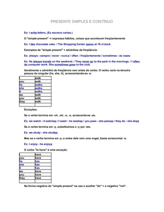 PRESENTE SIMPLES E CONTÍNUO

   Ex: I write letters. (Eu escrevo cartas.)

   O "simple present" -> expressa hábitos, coisas que acontecem freqüentemente

   Ex: I like chocolate cake. / The Shopping Center opens at 10 o'clock.

   Exemplos de "simple present" + advérbios de freqüência:

   Ex: always - sempre / never - nunca / often - freqüentemente / sometimes - às vezes

   Ex: He always travels on the weekend. / They never go to the park in the mornings. / I often
   do computer work. She sometimes goes to the club.

   Geralmente o advérbio de freqüência vem antes do verbo. O verbo varia na terceira
   pessoa do singular (he, she, it), acrescentando-se -s:
I           walk
you         walk
he          walks
she         walks
it          walks
we          walk
you         walk
they        walk


   Exceções:

   Se o verbo termina em -ch, -sh, -s, -o, acrescenta-se -es.

   Ex: we watch - it watches / I wash - he washes / you pass - she passes / they do - she does

   Se o verbo termina em -y, substituimos o -y por -ies.

   Ex: we study - she studies

   Mas se o verbo termina em -y, e antes dele vem uma vogal, basta acrescentar -s.

   Ex: I enjoy - he enjoys

   O verbo "to have" é uma exceção:
I           have
you         have
he          has
she         has
it          has
we          have
you         have
they        have


   Na forma negativa do "simple present" se usa o auxiliar "do" + o negativo "not".
 