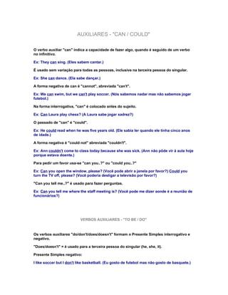 AUXILIARES - "CAN / COULD"

O verbo auxiliar "can" indica a capacidade de fazer algo, quando é seguido de um verbo
no infinitivo.

Ex: They can sing. (Eles sabem cantar.)

É usado sem variação para todas as pessoas, inclusive na terceira pessoa do singular.

Ex: She can dance. (Ela sabe dançar.)

A forma negativa de can é "cannot", abreviada "can't".

Ex: We can swim, but we can't play soccer. (Nós sabemos nadar mas não sabemos jogar
futebol.)

Na forma interrogativa, "can" é colocado antes do sujeito.

Ex: Can Laura play chess? (A Laura sabe jogar xadrez?)

O passado de "can" é "could".

Ex: He could read when he was five years old. (Ele sabia ler quando ele tinha cinco anos
de idade.)

A forma negativa é "could not" abreviada "couldn't".

Ex: Ann couldn't come to class today because she was sick. (Ann não pôde vir à aula hoje
porque estava doente.)

Para pedir um favor usa-se "can you..?" ou "could you..?"

Ex: Can you open the window, please? (Você pode abrir a janela por favor?) Could you
turn the TV off, please? (Você poderia desligar a televisão por favor?)

"Can you tell me..?" é usado para fazer perguntas.

Ex: Can you tell me where the staff meeting is? (Você pode me dizer aonde é a reunião de
funcionários?)




                           VERBOS AUXILIARES - "TO BE / DO"


Os verbos auxiliares "do/don't/does/doesn't" formam o Presente Simples interrogativo e
negativo.

"Does/doesn't" = é usado para a terceira pessoa do singular (he, she, it).

Presente Simples negativo:

I like soccer but I don't like basketball. (Eu gosto de futebol mas não gosto de basquete.)
 