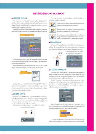ENTENDENDO O SCRATCH
USANDO TECLAS
Para iniciar um script, além de usar a bandeira verde, é
possível determinar uma tecla do teclado que funcione como
disparadora do script. Desta forma, quando a tecla for pressionada, o script inicia sua execução.
Para determinar que o início da execução será determinado por
uma tecla, você precisa colocá-la no início de um script o controle.

Para criar ou inserir um novo objeto você deve clicar em
uma das seguintes opções:
Desenhar um objeto (abre um editor que permite pintar e desenhar um objeto).
Inserir objeto do arquivo (permite inserir um
arquivo de imagem do computador).
Inserir objeto surpresa (clicando neste botão,
surge um objeto surpresa no palco, ou seja, a
pessoa não determina o objeto que surgirá).

FALAR ALGO
No Scratch é possível fazer um objeto falar. Para isto,basta usar
o bloco de comando Diga. Nele você pode determinar o que
será dito e o tempo que essa mensagem ficará aparecendo.
Coloque esse bloco no script
do objeto que deverá falar.

Arraste o bloco para a área de edição de script e encaixe
no início de um conjunto de blocos. Aperte a tecla determinada para fazer o teste.
Para determinar qual tecla será usada para iniciar o script,
clique na seta destacada e escolha a opção desejada.

FAZER ANIMAÇÃO

Você pode usar um controle inicial de script diferente para
cada conjunto de blocos. É assim que se faz para determinar
movimentos diferentes de um objeto de acordo com o clique
nas setas de direção do teclado.

Para fazer uma animação no Scratch é bastante simples. O
efeito é o mesmo de uma imagem gif, onde aparecem diferentes posições de um personagem e a troca das imagens
das posições produz a idéia de animação.
Escolha o objeto que será animado e clique em Trajes.
Você pode criar as diferentes posições do objeto desenhando o novo a partir do inicial (fazer uma cópia do original e
editar) ou importar as posições.

OBJETO NOVO
Quando o Scratch é aberto, no palco já está aparecendo o
gato. Mas nem sempre se deseja usá-lo e então é possível
inserir ou criar um novo objeto. Da mesma forma, é possível
ter vários objetos em uma programação.
Veja abaixo como aparece um novo objeto no palco:

Depois faça o script do objeto que será animado. Use o
bloco Sempre e dentro dele o bloco próximo traje. Este bloco
faz o objeto alternar entre seus trajes já criados.

É importante colocar um tempo após a troca de traje para que
seja possível visualizar a troca, ou isso acontecerá muito rápido.

9

 
