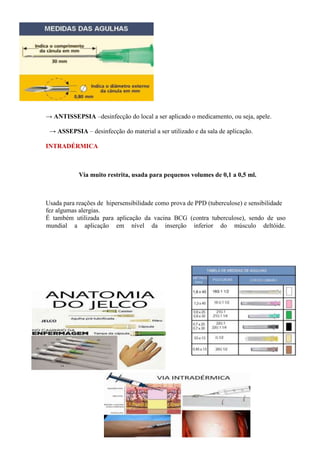 → ANTISSEPSIA –desinfecção do local a ser aplicado o medicamento, ou seja, apele.
→ ASSEPSIA – desinfecção do material a ser utilizado e da sala de aplicação.
INTRADÉRMICA
Via muito restrita, usada para pequenos volumes de 0,1 a 0,5 ml.
Usada para reações de hipersensibilidade como prova de PPD (tuberculose) e sensibilidade
fez algumas alergias.
É também utilizada para aplicação da vacina BCG (contra tuberculose), sendo de uso
mundial a aplicação em nível da inserção inferior do músculo deltóide.
INTRAD
ÉRMICA
 