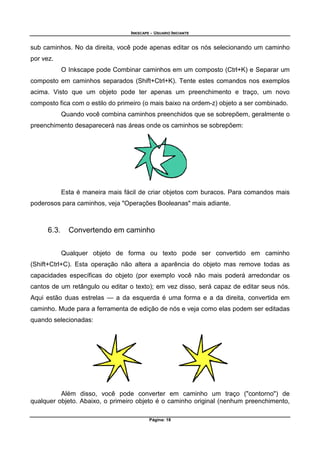 INKSCAPE - USUARIO INICIANTE
Página: 18
sub caminhos. No da direita, você pode apenas editar os nós selecionando um caminho
por vez.
O Inkscape pode Combinar caminhos em um composto (Ctrl+K) e Separar um
composto em caminhos separados (Shift+Ctrl+K). Tente estes comandos nos exemplos
acima. Visto que um objeto pode ter apenas um preenchimento e traço, um novo
composto fica com o estilo do primeiro (o mais baixo na ordem-z) objeto a ser combinado.
Quando você combina caminhos preenchidos que se sobrepõem, geralmente o
preenchimento desaparecerá nas áreas onde os caminhos se sobrepõem:
Esta é maneira mais fácil de criar objetos com buracos. Para comandos mais
poderosos para caminhos, veja "Operações Booleanas" mais adiante.
6.3. Convertendo em caminho
Qualquer objeto de forma ou texto pode ser convertido em caminho
(Shift+Ctrl+C). Esta operação não altera a aparência do objeto mas remove todas as
capacidades específicas do objeto (por exemplo você não mais poderá arredondar os
cantos de um retângulo ou editar o texto); em vez disso, será capaz de editar seus nós.
Aqui estão duas estrelas — a da esquerda é uma forma e a da direita, convertida em
caminho. Mude para a ferramenta de edição de nós e veja como elas podem ser editadas
quando selecionadas:
Além disso, você pode converter em caminho um traço ("contorno") de
qualquer objeto. Abaixo, o primeiro objeto é o caminho original (nenhum preenchimento,
 
