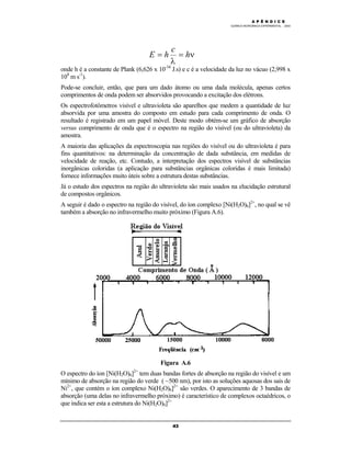 M Ó D U L O 4
QUÍMICA INORGÂNICA EXPERIMENTAL - 2003
43
onde h é a constante de Plank (6,626 x 10-34
J.s) e c é a velocidade da luz no vácuo (2,998 x
108
m s-1
).
Pode-se concluir, então, que para um dado átomo ou uma dada molécula, apenas certos
comprimentos de onda podem ser absorvidos provocando a excitação dos elétrons.
Os espectrofotômetros visível e ultravioleta são aparelhos que medem a quantidade de luz
absorvida por uma amostra do composto em estudo para cada comprimento de onda. O
resultado é registrado em um papel móvel. Deste modo obtém-se um gráfico de absorção
versus comprimento de onda que é o espectro na região do visível (ou do ultravioleta) da
amostra.
A maioria das aplicações da espectroscopia nas regiões do visível ou do ultravioleta é para
fins quantitativos: na determinação da concentração de dada substância, em medidas de
velocidade de reação, etc. Contudo, a interpretação dos espectros visível de substâncias
inorgânicas coloridas (a aplicação para substâncias orgânicas coloridas é mais limitada)
fornece informações muito úteis sobre a estrutura destas substâncias.
Já o estudo dos espectros na região do ultravioleta são mais usados na elucidação estrutural
de compostos orgânicos.
A seguir é dado o espectro na região do visível, do íon complexo [Ni(H2O)6]2+
, no qual se vê
também a absorção no infravermelho muito próximo (Figura A.6).
Figura A.6
O espectro do íon [Ni(H2O)6]2+
tem duas bandas fortes de absorção na região do visível e um
mínimo de absorção na região do verde ( ~500 nm), por isto as soluções aquosas dos sais de
Ni2+
, que contém o íon complexo Ni(H2O)6]2+
são verdes. O aparecimento de 3 bandas de
absorção (uma delas no infravermelho próximo) é característico de complexos octaédricos, o
que indica ser esta a estrutura do Ni(H2O)6]2+
ν
λ
h
c
hE ==
A P Ê N D I C E
 
