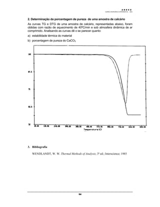 M Ó D U L O 4
QUÍMICA INORGÂNICA EXPERIMENTAL - 2003
54
2. Determinação da porcentagem de pureza de uma amostra de calcário
As curvas TG e DTG de uma amostra de calcário, representadas abaixo, foram
obtidas com razão de aquecimento de 40ºC/min e sob atmosfera dinâmica de ar
comprimido. Analisando as curvas dê o se parecer quanto:
a) estabilidade térmica do material
b) porcentagem de pureza do CaCO3
3. Bibliografia
WENDLANDT, W. W. Thermal Methods of Analysis; 3ª ed.; Interscience; 1985
A N E X O
 