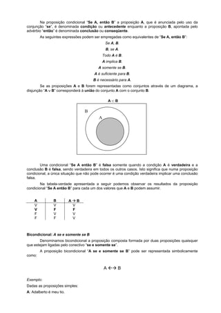 Na proposição condicional “Se A, então B” a proposição A, que é anunciada pelo uso da
conjunção “se”, é denominada condição ou antecedente enquanto a proposição B, apontada pelo
advérbio “então” é denominada conclusão ou conseqüente.
As seguintes expressões podem ser empregadas como equivalentes de “Se A, então B”:
Se A, B.
B, se A.
Todo A é B.
A implica B.
A somente se B.
A é suficiente para B.
B é necessário para A.
Se as proposições A e B forem representadas como conjuntos através de um diagrama, a
disjunção “A ∨∨∨∨ B” corresponderá à união do conjunto A com o conjunto B.
Uma condicional “Se A então B” é falsa somente quando a condição A é verdadeira e a
conclusão B é falsa, sendo verdadeira em todos os outros casos. Isto significa que numa proposição
condicional, a única situação que não pode ocorrer é uma condição verdadeira implicar uma conclusão
falsa.
Na tabela-verdade apresentada a seguir podemos observar os resultados da proposição
condicional “Se A então B” para cada um dos valores que A e B podem assumir.
A B A ! B
V
V
F
F
V
F
V
F
V
F
V
V
Bicondicional: A se e somente se B
Denominamos bicondicional a proposição composta formada por duas proposições quaisquer
que estejam ligadas pelo conectivo “se e somente se”.
A proposição bicondicional “A se e somente se B” pode ser representada simbolicamente
como:
A "! B
Exemplo:
Dadas as proposições simples:
A: Adalberto é meu tio.
B
A
A ⊂ B
 