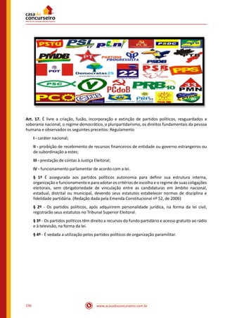 www.acasadoconcurseiro.com.br236
Art. 17. É livre a criação, fusão, incorporação e extinção de partidos políticos, resguardados a
soberania nacional, o regime democrático, o pluripartidarismo, os direitos fundamentais da pessoa
humana e observados os seguintes preceitos: Regulamento
I - caráter nacional;
II - proibição de recebimento de recursos financeiros de entidade ou governo estrangeiros ou
de subordinação a estes;
III - prestação de contas à Justiça Eleitoral;
IV - funcionamento parlamentar de acordo com a lei.
§ 1º É assegurada aos partidos políticos autonomia para definir sua estrutura interna,
organização e funcionamento e para adotar os critérios de escolha e o regime de suas coligações
eleitorais, sem obrigatoriedade de vinculação entre as candidaturas em âmbito nacional,
estadual, distrital ou municipal, devendo seus estatutos estabelecer normas de disciplina e
fidelidade partidária. (Redação dada pela Emenda Constitucional nº 52, de 2006)
§ 2º - Os partidos políticos, após adquirirem personalidade jurídica, na forma da lei civil,
registrarão seus estatutos no Tribunal Superior Eleitoral.
§ 3º - Os partidos políticos têm direito a recursos do fundo partidário e acesso gratuito ao rádio
e à televisão, na forma da lei.
§ 4º - É vedada a utilização pelos partidos políticos de organização paramilitar.
 