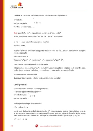 www.acasadoconcurseiro.com.br362
Exemplo 4: Estudo ou não sou aprovado. Qual a sentença equivalente?
e = Estudo.
a = Sou aprovado.
~a = Não sou aprovado.
e v ~ a
Dica: quando for “ou” a equivalência sempre será “se... então”.
Assim, temos que transformar “ou” em “se... então”. Mas como?
p → q = ~ p v q (equivalentes), vamos inverter.
~ p v q = p → q
Inverte o primeiro e mantém o segundo, trocando “ou” por “se... então”, transferimos isso para
nossa proposição.
e v ~a = ~e → ~ a
Trocamos “e” por “~e”, mantemos “~a” e trocamos "v" por " →".
Logo, Se não estudo então não sou aprovado.
Não podemos esquecer que “ou” é comutativo, assim a opção de resposta pode estar trocada,
então atente nisto, ao invés de e v ~ a pode ser ~ a v e, assim a resposta ficaria:
Se sou aprovado então estudo.
Quaisquer das respostas estarão certas, então muita atenção!
Contrapositiva:
Utilizamos como exemplo a sentença abaixo:
Se estudo lógica então sou aprovado
p = estudo lógica.
q = sou aprovado.
p → q
Vamos primeiro negar esta sentença:
~(p → q) = p ∧ ~q
Lembrando da tabela verdade da conjunção “e”, notamos que a mesma é comutativa, ou seja,
se alterarmos a ordem das premissas o valor lógico da sentença não será alterado. Assim vamos
reescrever a sentença encontrada na negação, alterando o valor lógico das proposições.
p ∧ ~ q = ~ q ∧ p
 