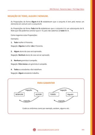 INSS (Técnico) – Raciocínio Lógico – Prof. Edgar Abreu
www.acasadoconcurseiro.com.br 373
NEGAÇÃO DE TODO, ALGUM E NENHUM.
As Proposições da forma Algum A é B estabelecem que o conjunto A tem pelo menos um
elemento em comum com o conjunto B.
As Proposições da forma Todo A é B estabelecem que o conjunto A é um subconjunto de B.
Note que não podemos concluir que A = B, pois não sabemos se todo B é A.
Como negamos estas Proposições:
Exemplos:
1.	Toda mulher é friorenta.
Negação: Alguma mulher não é friorenta.
2.	Algum aluno da casa será aprovado.
Negação: Nenhum aluno da casa vai ser aprovado.
3.	Nenhum gremista é campeão.
Negação: Pelo menos um gremista é campeão.
4.	Todos os estudantes não trabalham
Negação: Algum estudante trabalha.
PARA GABARITAR
NENHUM ALGUM
negação
negação
TODOS Alguém
não
negação
negação
Cuide os sinônimos como por exemplo, existem, algum e etc.
 