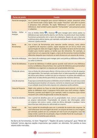INSS (Técnico) – Informática – Prof. Márcio Hunecke
www.acasadoconcurseiro.com.br 435
Partes da janela Função
Paineldenavegação Use o painel de navegação para acessar bibliotecas, pastas, pesquisas salvas
ou até mesmo todo o disco rígido. Use a seção “Favoritos” para abrir as pastas
e pesquisas mais utilizadas. Na seção “Bibliotecas” é possível acessar suas
bibliotecas. Você também pode expandir “Computador” para pesquisar pastas
e subpastas.
Botões Voltar e
Avançar
Use os botões Voltar e Avançar para navegar para outras pastas ou
bibliotecas que você já tenha aberto, sem fechar, na janela atual. Esses botões
funcionam juntamente com a barra de endereços. Depois de usar a barra de
endereços para alterar pastas, por exemplo, você pode usar o botão Voltar para
retornar à pasta anterior.
Barra de
ferramentas
Use a barra de ferramentas para executar tarefas comuns, como alterar
a aparência de arquivos e pastas, copiar arquivos em um CD ou iniciar uma
apresentação de slides de imagens digitais. Os botões da barra de ferramentas
mudam para mostrar apenas as tarefas que são relevantes. Por exemplo, se
você clicar em um arquivo de imagem, a barra de ferramentas mostrará botões
diferentes daqueles que mostraria se você clicasse em um arquivo de música.
Barra de endereços Use a barra de endereços para navegar para uma pasta ou biblioteca diferente
ou voltar à anterior.
Painel de biblioteca O painel de biblioteca é exibido apenas quando você está em uma biblioteca
(como na biblioteca Documentos). Use o painel de biblioteca para personalizar
a biblioteca ou organizar os arquivos por propriedades distintas.
Títulos de coluna Use os títulos de coluna para alterar a forma como os itens na lista de arquivos
são organizados. Por exemplo, você pode clicar no lado esquerdo do cabeçalho
da coluna para alterar a ordem em que os arquivos e as pastas são exibidos ou
pode clicar no lado direito para filtrar os arquivos de maneiras diversas.
Lista de arquivos Éaquiqueoconteúdodapastaoubibliotecaatualéexibido.Sevocêusouacaixa
de pesquisa para localizar um arquivo, somente os arquivos que correspondam
a sua exibição atual (incluindo arquivos em subpastas) serão exibidos.
Caixa de Pesquisa Digite uma palavra ou frase na caixa de pesquisa para procurar um item na
pasta ou biblioteca atual. A pesquisa inicia assim que você começa a digitar.
Portanto, quando você digitar B, por exemplo, todos os arquivos cujos nomes
iniciarem com a letra B aparecerão na lista de arquivos
Painel de detalhes Use o painel de detalhes para ver as propriedades mais comuns associadas
ao arquivo selecionado. Propriedades do arquivo são informações sobre
um arquivo, tais como o autor, a data da última alteração e qualquer marca
descritiva que você possa ter adicionado ao arquivo.
Painel de
visualização
Use o painel de visualização para ver o conteúdo da maioria dos arquivos. Se
você selecionar uma mensagem de email, um arquivo de texto ou uma imagem,
por exemplo, poderá ver seu conteúdo sem abri-lo em um programa. Caso não
esteja vendo o painel de visualização, clique no botão Painel de visualização
na barra de ferramentas para ativá-lo.
Na Barra de Ferramentas, no item “Organizar”, “Opções de pasta e pesquisa”, guia “Modo de
Exibição” temos algumas opções importantes que podem ser alteradas. Por padrão as duas
abaixo estão marcadas.
 
