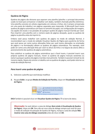 INSS (Técnico) – Informática – Prof. Sérgio Spolador
www.acasadoconcurseiro.com.br 531
Quebras de Página
Quebras de página são divisores que separam uma planilha (planilha: o principal documento
usado no Excel para armazenar e trabalhar com dados, também chamado planilha eletrônica.
Uma planilha consiste em células organizadas em colunas e linhas; ela é sempre armazenada
em uma pasta de trabalho.) em páginas separadas para impressão. O Microsoft Excel insere
quebras de página automáticas com base no tamanho do papel, nas configurações de margem,
nas opções de escala e nas posições de qualquer quebra de página manual inserida por você.
Para imprimir uma planilha com o número exato de páginas desejado, ajuste as quebras de
página na planilha antes de imprimi-la.
Embora você possa trabalhar com quebras de página no modo de exibição Normal, é
recomendável usar o modo de exibição Visualizar Quebra de Página para ajustá-las de forma
que você possa ver como outras alterações feitas por você (como alterações na orientação
de página e na formatação) afetam as quebras de página automáticas. Por exemplo, você
pode ver como uma alteração feita por você na altura da linha e na largura da coluna afeta o
posicionamento das quebras de página automáticas.
Para substituir as quebras de página automáticas que o Excel insere, é possível inserir suas
próprias quebras de página manuais, mover as quebras de página manuais existentes ou
excluir quaisquer quebras de página inseridas manualmente. Também é possível removê-las de
maneira rápida. Depois de concluir o trabalho com as quebras de página, você pode retornar ao
modo de exibição Normal.
Para Inserir uma quebra de página
1.	 Selecione a planilha que você deseja modificar.
2.	 Na guia Exibir, no grupo Modos de Exibição da Planilha, clique em Visualização da Quebra
de Página.
DICA Também é possível clicar em Visualizar Quebra de Página na barra de status.
Observação: Se você obtiver a caixa de diálogo Bem-vindo à Visualização de Quebra
de Página, clique em OK. Para não ver essa caixa de diálogo sempre que você for para
o modo de exibição Visualização de Quebra de Página, marque a caixa de seleção Não
mostrar esta caixa de diálogo novamente antes de clicar em OK.
 