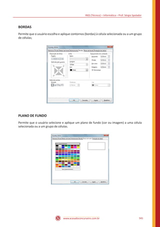 INSS (Técnico) – Informática – Prof. Sérgio Spolador
www.acasadoconcurseiro.com.br 541
BORDAS
Permite que o usuário escolha e aplique contornos (bordas) à célula selecionada ou a um grupo
de células;
PLANO DE FUNDO
Permite que o usuário selecione e aplique um plano de fundo (cor ou imagem) a uma célula
selecionada ou a um grupo de células.
 