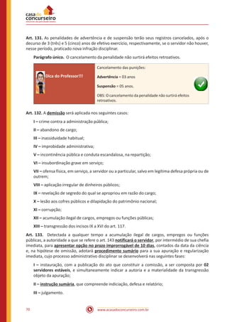 www.acasadoconcurseiro.com.br70
Art. 131. As penalidades de advertência e de suspensão terão seus registros cancelados, após o
decurso de 3 (três) e 5 (cinco) anos de efetivo exercício, respectivamente, se o servidor não houver,
nesse período, praticado nova infração disciplinar.
Parágrafo único. O cancelamento da penalidade não surtirá efeitos retroativos.
Dica do Professor!!!
Cancelamento das punições:
Advertência = 03 anos
Suspensão = 05 anos.
OBS: O cancelamento da penalidade não surtirá efeitos
retroativos.
Art. 132. A demissão será aplicada nos seguintes casos:
I – crime contra a administração pública;
II – abandono de cargo;
III – inassiduidade habitual;
IV – improbidade administrativa;
V – incontinência pública e conduta escandalosa, na repartição;
VI – insubordinação grave em serviço;
VII – ofensa física, em serviço, a servidor ou a particular, salvo em legítima defesa própria ou de
outrem;
VIII – aplicação irregular de dinheiros públicos;
IX – revelação de segredo do qual se apropriou em razão do cargo;
X – lesão aos cofres públicos e dilapidação do patrimônio nacional;
XI – corrupção;
XII – acumulação ilegal de cargos, empregos ou funções públicas;
XIII – transgressão dos incisos IX a XVI do art. 117.
Art. 133. Detectada a qualquer tempo a acumulação ilegal de cargos, empregos ou funções
públicas, a autoridade a que se refere o art. 143 notificará o servidor, por intermédio de sua chefia
imediata, para apresentar opção no prazo improrrogável de 10 dias, contados da data da ciência
e, na hipótese de omissão, adotará procedimento sumário para a sua apuração e regularização
imediata, cujo processo administrativo disciplinar se desenvolverá nas seguintes fases:
I – instauração, com a publicação do ato que constituir a comissão, a ser composta por 02
servidores estáveis, e simultaneamente indicar a autoria e a materialidade da transgressão
objeto da apuração;
II – instrução sumária, que compreende indiciação, defesa e relatório;
III – julgamento.
 
