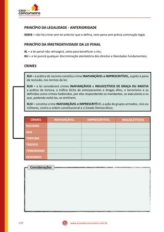 www.acasadoconcurseiro.com.br170
PRINCÍPIO DA LEGALIDADE - ANTERIORIDADE
XXXIX – não há crime sem lei anterior que o defina, nem pena sem prévia cominação legal;
PRINCÍPIO DA IRRETROATIVIDADE DA LEI PENAL
XL – a lei penal não retroagirá, salvo para beneficiar o réu;
XLI – a lei punirá qualquer discriminação atentatória dos direitos e liberdades fundamentais;
CRIMES
XLII – a prática do racismo constitui crime INAFIANÇÁVEL e IMPRESCRITÍVEL, sujeito à pena
de reclusão, nos termos da lei;
XLIII – a lei considerará crimes INAFIANÇÁVEIS e INSUSCETÍVEIS DE GRAÇA OU ANISTIA
a prática da tortura, o tráfico ilícito de entorpecentes e drogas afins, o terrorismo e os
definidos como crimes hediondos, por eles respondendo os mandantes, os executores e os
que, podendo evitá-los, se omitirem;
XLIV – constitui crime INAFIANÇÁVEL e IMPRESCRITÍVEL a ação de grupos armados, civis ou
militares, contra a ordem constitucional e o Estado Democrático;
CRIMES INAFIANÇÁVEL IMPRESCRITÍVEL INSUSCETÍVEIS
RACISMO
AGA
TORTURA
TRÁFICO
TERRORISMO
HEDIONDO
Considerações
 
