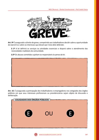 www.acasadoconcurseiro.com.br 187
INSS (Técnico) – Direito Constitucional – Prof. André Vieira
Art. 9º É assegurado o direito de greve, competindo aos trabalhadores decidir sobre a oportunidade
de exercê-lo e sobre os interesses que devam por meio dele defender.
§ 1º A lei definirá os serviços ou atividades essenciais e disporá sobre o atendimento das
necessidades inadiáveis da comunidade.
§ 2º Os abusos cometidos sujeitam os responsáveis às penas da lei.
Art. 10. É assegurada a participação dos trabalhadores e empregadores nos colegiados dos órgãos
públicos em que seus interesses profissionais ou previdenciários sejam objeto de discussão e
deliberação.
E OU E
COLEGIADOS DOS ÓRGÃOS PÚBLICOS
 