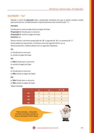 INSS (Técnico) – Raciocínio Lógico – Prof. Edgar Abreu
www.acasadoconcurseiro.com.br 349
disJUNÇÃO – “ou”
Recebe o nome de disjunção toda a proposição composta em que as partes estejam unidas
pelo conectivo ou. Simbolicamente, representaremos esse conectivo por “v”.
Exemplo:
Estudo para o concurso ou assisto os jogos da Copa
Proposição 1: Estudo para o concurso
Proposição 2: assisto os jogos da Copa
Conetivo: ou
Vamos chamar a primeira proposição de “p” a segunda de “q” e o conetivo de “v”
Assim podemos representar a sentença acima da seguinte forma: p v q
Vamos preencher a tabela abaixo com as seguintes hipóteses:
H1:
p: Estudo para o concurso
q: assisto os jogos da Copa.
H2:
p: Não Estudo para o concurso
q: assisto os jogos da Copa.
H3:
p: Estudo para o concurso
q: Não assisto os jogos da Copal..
H4:
p: Não Estudo para o concurso
q: Não assisto os jogos da Copa.
Tabela Verdade:
p q P ∨ Q
H1 V V V
H2 F V V
H3 V F V
H4 F F F
									
Muita atenção, a disjunção
somente será falsa quando as
duas proposições forem falsas.
 