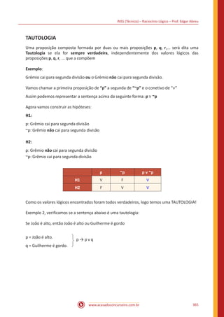 INSS (Técnico) – Raciocínio Lógico – Prof. Edgar Abreu
www.acasadoconcurseiro.com.br 365
TAUTOLOGIA
Uma proposição composta formada por duas ou mais proposições p, q, r,... será dita uma
Tautologia se ela for sempre verdadeira, independentemente dos valores lógicos das
proposições p, q, r, ... que a compõem
Exemplo:
Grêmio cai para segunda divisão ou o Grêmio não cai para segunda divisão.
Vamos chamar a primeira proposição de “p” a segunda de “~p” e o conetivo de “∨”
Assim podemos representar a sentença acima da seguinte forma: p ∨ ~p
Agora vamos construir as hipóteses:
H1:
p: Grêmio cai para segunda divisão
~p: Grêmio não cai para segunda divisão
H2:
p: Grêmio não cai para segunda divisão
~p: Grêmio cai para segunda divisão
p ~p p v ~p
H1 V F V
H2 F V V
Como os valores lógicos encontrados foram todos verdadeiros, logo temos uma TAUTOLOGIA!
Exemplo 2, verificamos se a sentença abaixo é uma tautologia:
Se João é alto, então João é alto ou Guilherme é gordo
p = João é alto.
q = Guilherme é gordo.
p → p v q
 