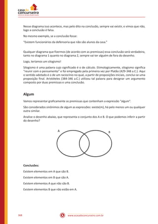 www.acasadoconcurseiro.com.br368
Nesse diagrama isso acontece, mas pelo dito na conclusão, sempre vai existir, e vimos que não,
logo a conclusão é falsa.
No mesmo exemplo, se a conclusão fosse:
“Existem funcionários da defensoria que não são alunos da casa.”
Qualquer diagrama que fizermos (de acordo com as premissas) essa conclusão será verdadeira,
tanto no diagrama 1 quanto no diagrama 2, sempre vai ter alguém de fora do desenho.
Logo, teríamos um silogismo!
Silogismo é uma palavra cujo significado é o de cálculo. Etimologicamente, silogismo significa
“reunir com o pensamento” e foi empregado pela primeira vez por Platão (429-348 a.C.). Aqui
o sentido adotado é o de um raciocínio no qual, a partir de proposições iniciais, conclui-se uma
proposição final. Aristóteles (384-346 a.C.) utilizou tal palavra para designar um argumento
composto por duas premissas e uma conclusão.
Algum
Vamos representar graficamente as premissas que contenham a expressão “algum”.
São considerados sinônimos de algum as expressões: existe(m), há pelo menos um ou qualquer
outra similar.
Analise o desenho abaixo, que representa o conjunto dos A e B. O que podemos inferir a partir
do desenho?
A B
Conclusões:
Existem elementos em A que são B.
Existem elementos em B que são A.
Existem elementos A que não são B.
Existem elementos B que não estão em A.
 
