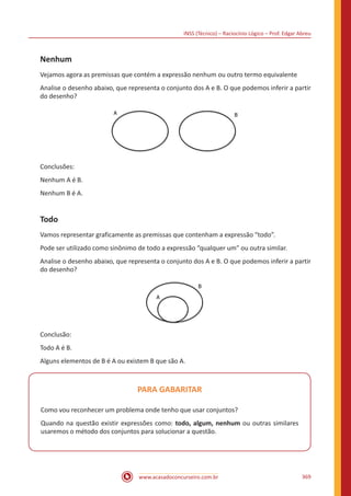 INSS (Técnico) – Raciocínio Lógico – Prof. Edgar Abreu
www.acasadoconcurseiro.com.br 369
Nenhum
Vejamos agora as premissas que contém a expressão nenhum ou outro termo equivalente
Analise o desenho abaixo, que representa o conjunto dos A e B. O que podemos inferir a partir
do desenho?
A B
Conclusões:
Nenhum A é B.
Nenhum B é A.
Todo
Vamos representar graficamente as premissas que contenham a expressão “todo”.
Pode ser utilizado como sinônimo de todo a expressão “qualquer um” ou outra similar.
Analise o desenho abaixo, que representa o conjunto dos A e B. O que podemos inferir a partir
do desenho?
A
B
Conclusão:
Todo A é B.
Alguns elementos de B é A ou existem B que são A.
PARA GABARITAR
Como vou reconhecer um problema onde tenho que usar conjuntos?
Quando na questão existir expressões como: todo, algum, nenhum ou outras similares
usaremos o método dos conjuntos para solucionar a questão.
 
