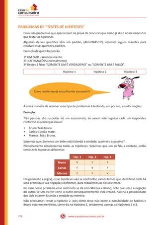 www.acasadoconcurseiro.com.br376
PROBLEMAS DE “TESTES DE HIPOTESES”
Esses são problemas que apareceram na prova de concurso que como já diz o nome vamos ter
que testar as hipóteses.
Algumas dessas questões têm um padrão, (ALGUMAS!!!!), veremos alguns macetes para
resolver essas questões padrões.
Exemplo de questão padrão:
1º UM FATO – Acontecimento.
2º 3 AFIRMAÇÕES (normalmente)
3º Destes 3 fatos “SOMENTE UM É VERDADEIRO” ou “SOMENTE UM É FALSO”.
Hipótese 1 Hipótese 2 Hipótese 3
										
A única maneira de resolver esse tipo de problemas é testando, um por um, as informações.
Exemplo:
Três pessoas são suspeitas de um assassinato, ao serem interrogadas cada um respondeu
conforme as sentenças abaixo:
•• Bruno: Não fui eu.
•• Carlos: Eu não matei.
•• Marcos: Foi o Bruno.
Sabemos que: Somente um deles está falando a verdade, quem é o assassino?
Primeiramente consideramos todas as hipóteses. Sabemos que um só fala a verdade, então
temos três hipóteses diferentes:
Hip. 1 Hip. 2 Hip. 3
Bruno V F F
Carlos F V F
Marcos F F V
Em geral (não é regra), essas hipóteses vão se confrontar, vamos temos que identificar onde há
uma premissa e sua negação (confronto), para reduzirmos os nossos testes.
No caso desse problema esse confronto se dá com Marcos e Bruno, note que um é a negação
do outro, se um estiver certo o outro consequentemente está errado, não há a possibilidade
dos dois estarem falando a verdade ou mentira.
Não precisamos testar a hipótese 2, pois como disse não existe a possibilidade de Marcos e
Bruno estarem mentindo, como diz na hipótese 2, testaremos apenas as hipóteses 1 e 3.
Como resolvo isso já estou ficando assustado!!!
 