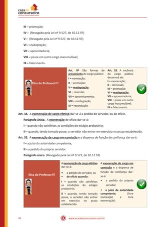 www.acasadoconcurseiro.com.br46
III – promoção;
IV – (Revogado pela Lei nº 9.527, de 10.12.97)
V – (Revogado pela Lei nº 9.527, de 10.12.97)
VI – readaptação;
VII – aposentadoria;
VIII – posse em outro cargo inacumulável;
IX – falecimento.
Dica do Professor!!!
Art. 8º São formas de
provimento de cargo público:
I – nomeação;
II – promoção;
V – readaptação;
VI – reversão;
VII – aproveitamento;
VIII – reintegração;
IX – recondução.
Art. 33. A vacância
do cargo público
decorrerá de:
I – exoneração;
II – demissão;
III – promoção;
VI – readaptação;
VII – aposentadoria;
VIII – posse em outro
cargo inacumulável;
IX – falecimento.
Art. 34. A exoneração de cargo efetivo dar-se-á a pedido do servidor, ou de ofício.
Parágrafo único. A exoneração de ofício dar-se-á:
I – quando não satisfeitas as condições do estágio probatório;
II – quando, tendo tomado posse, o servidor não entrar em exercício no prazo estabelecido.
Art. 35. A exoneração de cargo em comissão e a dispensa de função de confiança dar-se-á:
I – a juízo da autoridade competente;
II – a pedido do próprio servidor.
Parágrafo único. (Revogado pela Lei nº 9.527, de 10.12.97)
Dica do Professor!!!
A exoneração de cargo efetivo
dar-se-á:
•• a pedido do servidor, ou
•• de ofício quando:
I – quando não satisfeitas
as condições do estágio
probatório;
II – quando, tendo tomado
posse, o servidor não entrar
em exercício no prazo
estabelecido.
A exoneração de cargo em
comissão e a dispensa de
função de confiança dar-
se-á:
•• a pedido do próprio
servidor.
• a juízo da autoridade
competente; (livre
nomeação e livre
exoneração)
 