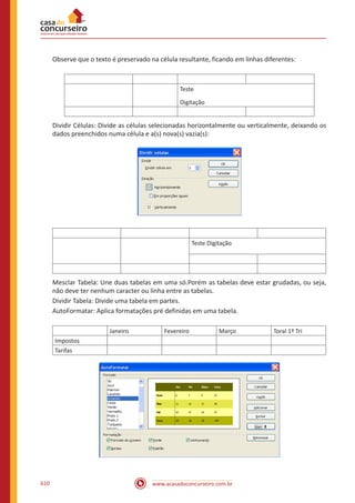 www.acasadoconcurseiro.com.br610
Observe que o texto é preservado na célula resultante, ficando em linhas diferentes:
Teste
Digitação
Dividir Células: Divide as células selecionadas horizontalmente ou verticalmente, deixando os
dados preenchidos numa célula e a(s) nova(s) vazia(s):
Teste Digitação
Mesclar Tabela: Une duas tabelas em uma só.Porém as tabelas deve estar grudadas, ou seja,
não deve ter nenhum caracter ou linha entre as tabelas.
Dividir Tabela: Divide uma tabela em partes.
AutoFormatar: Aplica formatações pré definidas em uma tabela.
Janeiro Fevereiro Março Toral 1º Tri
Impostos
Tarifas
 