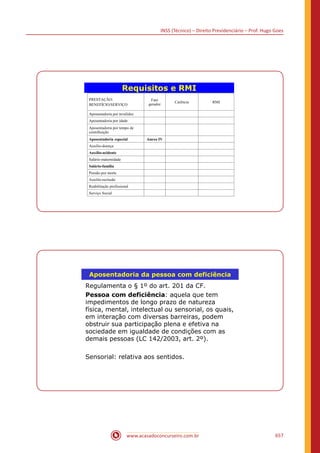INSS (Técnico) – Direito Previdenciário – Prof. Hugo Goes
www.acasadoconcurseiro.com.br 657
Requisitos e RMI
PRESTAÇÃO:
BENEFÍCIO/SERVIÇO
Fato
gerador
Carência RMI
Aposentadoria por invalidez
Aposentadoria por idade
Aposentadoria por tempo de
contribuição
Aposentadoria especial Anexo IV
Auxílio-doença
Auxílio-acidente
Salário-maternidade
Salário-família
Pensão por morte
Auxílio-reclusão
Reabilitação profissional
Serviço Social
Aposentadoria da pessoa com deficiência
Regulamenta o § 1º do art. 201 da CF.
Pessoa com deficiência: aquela que tem
impedimentos de longo prazo de natureza
física, mental, intelectual ou sensorial, os quais,
em interação com diversas barreiras, podem
obstruir sua participação plena e efetiva na
sociedade em igualdade de condições com as
demais pessoas (LC 142/2003, art. 2º).
Sensorial: relativa aos sentidos.
 