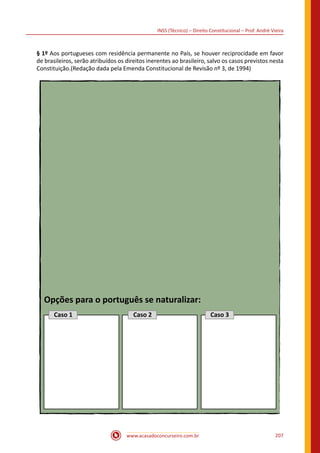 www.acasadoconcurseiro.com.br 207
INSS (Técnico) – Direito Constitucional – Prof. André Vieira
§ 1º Aos portugueses com residência permanente no País, se houver reciprocidade em favor
de brasileiros, serão atribuídos os direitos inerentes ao brasileiro, salvo os casos previstos nesta
Constituição.(Redação dada pela Emenda Constitucional de Revisão nº 3, de 1994)
Caso 1
Opções para o português se naturalizar:
Caso 2 Caso 3
 