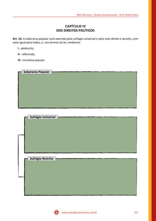 www.acasadoconcurseiro.com.br 217
INSS (Técnico) – Direito Constitucional – Prof. André Vieira
CAPÍTULO IV
DOS DIREITOS POLÍTICOS
Art. 14. A soberania popular será exercida pelo sufrágio universal e pelo voto direto e secreto, com
valor igual para todos, e, nos termos da lei, mediante:
I - plebiscito;
II - referendo;
III - iniciativa popular.
Soberania Popular
Sufrágio Universal
Sufrágio Restrito
 