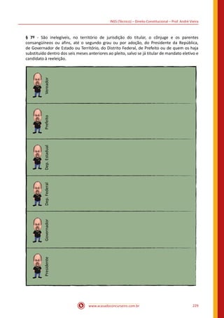 www.acasadoconcurseiro.com.br 229
INSS (Técnico) – Direito Constitucional – Prof. André Vieira
§ 7º - São inelegíveis, no território de jurisdição do titular, o cônjuge e os parentes
consangüíneos ou afins, até o segundo grau ou por adoção, do Presidente da República,
de Governador de Estado ou Território, do Distrito Federal, de Prefeito ou de quem os haja
substituído dentro dos seis meses anteriores ao pleito, salvo se já titular de mandato eletivo e
candidato à reeleição.
VereadorPrefeitoDep.EstadualDep.FederalGovernadorPresidente
 