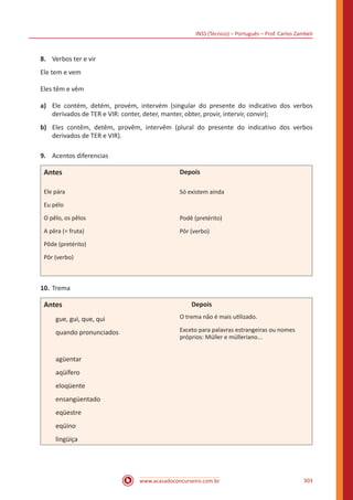 INSS (Técnico) – Português – Prof. Carlos Zambeli
www.acasadoconcurseiro.com.br 303
8.	 Verbos ter e vir
Ele tem e vem
Eles têm e vêm
a)	 Ele contém, detém, provém, intervém (singular do presente do indicativo dos verbos
derivados de TER e VIR: conter, deter, manter, obter, provir, intervir, convir);
b)	 Eles contêm, detêm, provêm, intervêm (plural do presente do indicativo dos verbos
derivados de TER e VIR).
9.	 Acentos diferencias
Antes
Ele pára
Eu pélo
O pêlo, os pêlos
A pêra (= fruta)
Pôde (pretérito)
Pôr (verbo)
Depois
Só existem ainda
Podê (pretérito)
Pôr (verbo)
10.	Trema
Antes
gue, gui, que, qui
quando pronunciados
agüentar
aqüífero
eloqüente
ensangüentado
eqüestre
eqüino
lingüiça
Depois
O trema não é mais utilizado.
Exceto para palavras estrangeiras ou nomes
próprios: Müller e mülleriano...
 