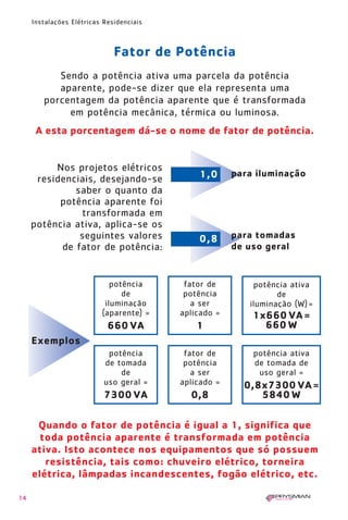14
Instalações Elétricas Residenciais
Sendo a potência ativa uma parcela da potência
aparente, pode-se dizer que ela representa uma
porcentagem da potência aparente que é transformada
em potência mecânica, térmica ou luminosa.
Nos projetos elétricos
residenciais, desejando-se
saber o quanto da
potência aparente foi
transformada em
potência ativa, aplica-se os
seguintes valores
de fator de potência:
A esta porcentagem dá-se o nome de fator de potência.
Quando o fator de potência é igual a 1, significa que
toda potência aparente é transformada em potência
ativa. Isto acontece nos equipamentos que só possuem
resistência, tais como: chuveiro elétrico, torneira
elétrica, lâmpadas incandescentes, fogão elétrico, etc.
Fator de Potência
1,0
0,8
para iluminação
para tomadas
de uso geral
potência
de
iluminação
(aparente) =
660 VA
fator de
potência
a ser
aplicado =
1
potência ativa
de
iluminação (W)=
1x660 VA =
660 W
potência
de tomada
de
uso geral =
7300 VA
fator de
potência
a ser
aplicado =
0,8
potência ativa
de tomada de
uso geral =
0,8x7300 VA =
5840 W
Exemplos
1630 IER 14X21 ok 20.12.2006 17:56 Page 14
 