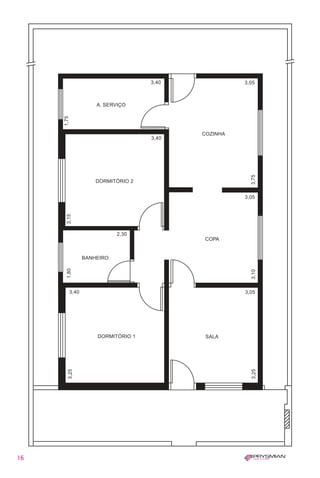 16
A. SERVIÇO
3,40
3,40
1,75
3,15
1,80
3,25
3,25
3,10
3,75
3,05
3,05
3,05
3,40
2,30
COZINHA
DORMITÓRIO 2
DORMITÓRIO 1
BANHEIRO
COPA
SALA
1630 IER 14X21 ok 20.12.2006 17:56 Page 16
 