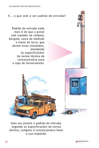 28
Instalações Elétricas Residenciais
E... o que vem a ser padrão de entrada?
Padrão de entrada nada
mais é do que o poste
com isolador de roldana,
bengala, caixa de medição
e haste de terra, que
devem estar instalados,
atendendo
às especificações
da norma técnica da
concessionária para
o tipo de fornecimento.
Uma vez pronto o padrão de entrada,
segundo as especificações da norma
técnica, compete à concessionária fazer
a sua inspeção.
1630 IER 14X21 ok 20.12.2006 17:56 Page 28
 