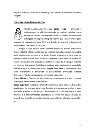 55
(registro akásico), promove a lembrança de sonhos e vivências anteriores
(insights)
TERCEIRA POSIÇÃO DA CABEÇA
Palmas posicionadas na nuca. Corpo Físico - Harmoniza o
funcionamento da glândula pituitária ou hipófise, trabalha com a
medula e o cérebro, abrangendo a base do cérebro, harmonizando
as funções desempenhadas pelo mesmo, que se encontra na parte
posterior da cavidade craniana. Diminui a tensão do pescoço e descontrai a
parte superior das vértebras cervicais.
Regula o sono, ajuda a dormir por falta de sono ou acordar por excesso
deste. Trabalha o lobo occipital que se encontra na parte posterior do cérebro,
onde localizam-se os centros da visão. Regula o peso e a fome atua em
problemas relacionados com a fala e a gagueira, alivia dores de cabeça na
base do crânio, trabalha pessoas que estão em estado de choque por acidente,
em coma ou desmaiadas. Trabalha-se qualquer vício, diminuindo a compulsão,
coordenação e equilíbrio (labirintite). Corpo Emocional - Desenvolve bem-
estar, relaxamento e tranquiliza os pensamentos diminuindo estresse,
depressão, irritações, preocupações, tremores e traumas.
Corpo Mental - Clareza de expressão de pensamentos e ideias, promove
serenidade, criatividade e produtividade.
Corpo Espiritual - Trabalha o chacra frontal em sua parte posterior. Expande o
recebimento de energias superiores. Propicia a lembrança de sonhos e vidas
passadas. Abertura do terceiro olho, desenvolvendo o instinto (olhos e ouvidos
internos) e a paranormalidade (capacidade de entrar em estado alterado de
consciência, projeção astral, clarividência, clariaudiência, telepatia, psicografia,
etc.)
 