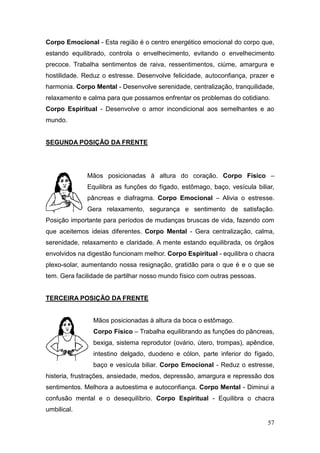 57
Corpo Emocional - Esta região é o centro energético emocional do corpo que,
estando equilibrado, controla o envelhecimento, evitando o envelhecimento
precoce. Trabalha sentimentos de raiva, ressentimentos, ciúme, amargura e
hostilidade. Reduz o estresse. Desenvolve felicidade, autoconfiança, prazer e
harmonia. Corpo Mental - Desenvolve serenidade, centralização, tranquilidade,
relaxamento e calma para que possamos enfrentar os problemas do cotidiano.
Corpo Espiritual - Desenvolve o amor incondicional aos semelhantes e ao
mundo.
SEGUNDA POSIÇÃO DA FRENTE
Mãos posicionadas à altura do coração. Corpo Físico –
Equilibra as funções do fígado, estômago, baço, vesícula biliar,
pâncreas e diafragma. Corpo Emocional – Alivia o estresse.
Gera relaxamento, segurança e sentimento de satisfação.
Posição importante para períodos de mudanças bruscas de vida, fazendo com
que aceitemos ideias diferentes. Corpo Mental - Gera centralização, calma,
serenidade, relaxamento e claridade. A mente estando equilibrada, os órgãos
envolvidos na digestão funcionam melhor. Corpo Espiritual - equilibra o chacra
plexo-solar, aumentando nossa resignação, gratidão para o que é e o que se
tem. Gera facilidade de partilhar nosso mundo físico com outras pessoas.
TERCEIRA POSIÇÃO DA FRENTE
Mãos posicionadas à altura da boca o estômago.
Corpo Físico – Trabalha equilibrando as funções do pâncreas,
bexiga, sistema reprodutor (ovário, útero, trompas), apêndice,
intestino delgado, duodeno e cólon, parte inferior do fígado,
baço e vesícula biliar. Corpo Emocional - Reduz o estresse,
histeria, frustrações, ansiedade, medos, depressão, amargura e repressão dos
sentimentos. Melhora a autoestima e autoconfiança. Corpo Mental - Diminui a
confusão mental e o desequilíbrio. Corpo Espiritual - Equilibra o chacra
umbilical.
 