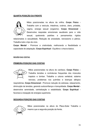 58
QUARTA POSIÇÃO DA FRENTE
Mãos posicionadas na altura da virilha. Corpo Físico -
Trabalha com a vesícula, intestinos, ovários, útero, próstata,
vagina, energia sexual (orgasmo). Corpo Emocional -
Desenvolve respostas emocionais saudáveis para a vida
sexual, quebrando padrões e pensamentos rígidos
relacionados à sexualidade. Redução de ansiedade, nervosismo e pânico.
Trabalha todo o tipo de vício.
Corpo Mental - Promove a criatividade, melhorando a flexibilidade e
capacidade de adaptação. Corpo Espiritual - Equilibra o chacra básico.
REGIÃO DAS COSTAS
PRIMEIRA POSIÇÃO DAS COSTAS
Mãos posicionadas na altura do cardíaco. Corpo Físico –
Trabalha tensões e contraturas frequentes dos músculos
trapézio e lombar. Trabalha a coluna vertebral, sistema
nervoso, problemas nos pulmões e doenças alérgico
respiratórias. Corpo Emocional - Promove redução do estresse, relaxamento,
diminuição de tensões, gerando autoconfiança e tranquilidade. Corpo Mental -
desenvolve serenidade, centralização e estabilidade. Corpo Espiritual -
favorece a recepção de energias superiores.
SEGUNDA POSIÇÃO DAS COSTAS
Mãos posicionadas na altura do Plexo-Solar Trabalha o
mesmo que a segunda posição da frente.
 