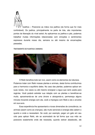 62
Joelhos – Posicione as mãos nos joelhos (da forma que for mais
confortável). Os joelhos, principalmente na parte de trás, são importantes
pontos de liberação do nível astral. Ao aplicarmos os joelhos e pés, podemos
trabalhar muitas informações relacionadas com emoções e sentimentos
expressos durante nosso dia, semana ou até mesmo de encarnações
passadas.
TRATAMENTO DE PLANTAS E ANIMAIS
O Reiki beneficia todo ser vivo, assim como os elementos da natureza.
Podemos tratar com Reiki nossas plantas e animais, desta forma contribuímos
para a harmonia e equilíbrio deles. No caso das plantas, podemos aplicar em
suas raízes, nos vasos ou até mesmo energizar a água que será usada para
regá-las. Você poderá estreitar sua relação com as plantas e beneficiar-se
muito, aproximando-se de uma árvore e abraçando-a, permaneça alguns
minutos trocando energia com ela, você a impregna com Reiki e ela o envolve
em sua aura.
Essa experiência lhe apresentará a novas dimensões de consciência, os
animais (assim como as crianças), são muito sensíveis à energia eles sabem o
quanto e onde a necessitam. Se você, por exemplo, pegar um gato em seu
colo para aplicar Reiki, ele se acomodará de tal forma que sua mão se
posicione exatamente onde ele necessita, quando estiver abastecido, ele
 
