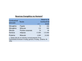 Combustível
estocado
Tecido
Reserva de
Combustível
(9) (kcal)
Glicogênio Fígado 70 280
Glicogênio Músculo 120 480
Glicose Fluídos corporais 20 80
Gordura Adiposo 15.000 135.000
Proteína Músculo 6.000 24.000
a - Dados são de um indivíduo normal pesando 70 kg.
Carboidratos fornecem 4 kcal/g; gordura, 9 kcal/g; proteína, 4k
cal/g.
Reservas Energética no Homema
 