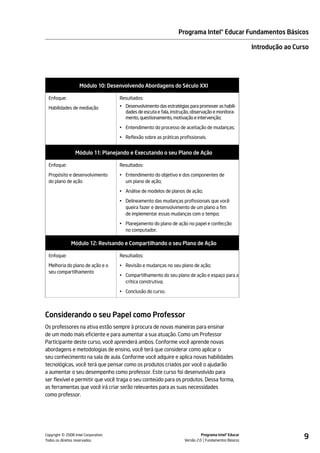Programa Intel® Educar Fundamentos Básicos

                                                                                                       Introdução ao Curso




                   Módulo 10: Desenvolvendo Abordagens do Século XXI

 Enfoque:                           Resultados:

 Habilidades de mediação            • Desenvolvimento das estratégias para promover as habili-
                                      dades de escuta e fala, instrução, observação e monitora-
                                      mento, questionamento, motivação e intervenção;

                                    • Entendimento do processo de aceitação de mudanças;

                                    • Reflexão sobre as práticas profissionais.


                 Módulo 11: Planejando e Executando o seu Plano de Ação

 Enfoque:                           Resultados:

 Propósito e desenvolvimento        • Entendimento do objetivo e dos componentes de
 do plano de ação                     um plano de ação;

                                    • Análise de modelos de planos de ação;

                                    • Delineamento das mudanças profissionais que você
                                      queira fazer e desenvolvimento de um plano a fim
                                      de implementar essas mudanças com o tempo;

                                    • Planejamento do plano de ação no papel e confecção
                                      no computador.

              Módulo 12: Revisando e Compartilhando o seu Plano de Ação

 Enfoque:                           Resultados:

 Melhoria do plano de ação e o      • Revisão e mudanças no seu plano de ação;
 seu compartilhamento
                                    • Compartilhamento do seu plano de ação e espaço para a
                                      crítica construtiva;

                                    • Conclusão do curso.



Considerando o seu Papel como Professor
Os professores na ativa estão sempre à procura de novas maneiras para ensinar
de um modo mais eficiente e para aumentar a sua atuação. Como um Professor
Participante deste curso, você aprenderá ambos. Conforme você aprende novas
abordagens e metodologias de ensino, você terá que considerar como aplicar o
seu conhecimento na sala de aula. Conforme você adquire e aplica novas habilidades
tecnológicas, você terá que pensar como os produtos criados por você o ajudarão
a aumentar o seu desempenho como professor. Este curso foi desenvolvido para
ser flexível e permitir que você traga o seu conteúdo para os produtos. Dessa forma,
as ferramentas que você irá criar serão relevantes para as suas necessidades
como professor.




         ©
Copyright 2008 Intel Corporation.
Todos os direitos reservados.
                                                                              Programa Intel® Educar
                                                                    Versão 2.0 Fundamentos Básicos
                                                                                                                        9
 