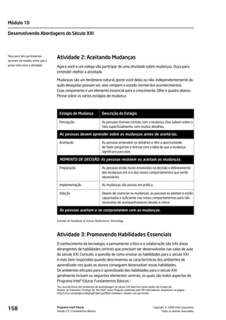 Módulo 10

Desenvolvendo Abordagens do Século XXI



Peça para dois participantes
servirem de modelo antes que o
                                 Atividade 2: Aceitando Mudanças
grupo todo inicie a atividade.
                                 Agora você e um colega vão participar de uma atividade sobre mudanças. Ouça para
                                 entender melhor a atividade.

                                 Mudanças são um fenômeno natural, goste você delas ou não. Independentemente do
                                 quão desejadas possam ser, elas rompem o estado normal dos acontecimentos.
                                 Esse rompimento é um elemento essencial para o crescimento. Olhe o quadro abaixo.
                                 Pense sobre os vários estágios de mudança.



                                   Estágio de Mudança                    Descrição do Estágio

                                   Percepção                             As pessoas tiveram contato com a mudança. Elas sabem sobre o
                                                                         fato superficialmente, sem muitos detalhes.

                                   As pessoas devem aprender sobre as mudanças antes de aceitá-las.

                                   Aceitação                             As pessoas entendem os detalhes e têm a oportunidade
                                                                         de fazer perguntas e brincar com a idéia do que a mudança
                                                                         significará para elas.

                                   MOMENTO DE DECISÃO: As pessoas resistem ou aceitam as mudanças.

                                   Preparação                            As pessoas estão muito envolvidas na decisão e delineamento
                                                                         das mudanças em si e dos novos comportamentos que serão
                                                                         necessários.

                                   Implementação                         As mudanças são postas em prática.

                                   Adoção                                Depois de vivenciar as mudanças, as pessoas as adotam e estão
                                                                         capacitadas o suficiente nos novos comportamentos para não
                                                                         necessitar de acompanhamento devido à rotina.

                                   As pessoas aceitam e se comprometem com as mudanças.

                                 Extraído do Handbook of Human Performance Technology.




                                 Atividade 3: Promovendo Habilidades Essenciais
                                 O conhecimento da tecnologia, o pensamento crítico e a colaboração são três áreas
                                 abrangentes de habilidades centrais que precisam ser desenvolvidas nas salas de aula
                                 do século XXI. Contudo, a questão de como ensinar as habilidades para o século XXI
                                 é mais bem respondida quando descrevemos as características dos ambientes de
                                 aprendizado nos quais os alunos conseguem desenvolver essas habilidades.
                                 Os ambientes eficazes para o aprendizado das habilidades para o século XXI
                                 geralmente incluem os seguintes elementos centrais, os quais são todos aspectos do
                                 Programa Intel® Educar Fundamentos Básicos.3
                                 3As características dos ambientes de aprendizagem do século XXI descritos nesta seção são tiradas de:
                                 Review of Evaluation Findings for the Intel® Learn Program, publicado pela SRI International, disponíveis na página
                                 http://ctl.sri.com/projects/displayProject.jsp?Nick=intellearn. Usados com permissão.




158                              Programa Intel® Educar
                                 Versão 2.0 Fundamentos Básicos                                                                   ©
                                                                                                                       Copyright 2008 Intel Corporation.
                                                                                                                              Todos os direitos reservados.
 