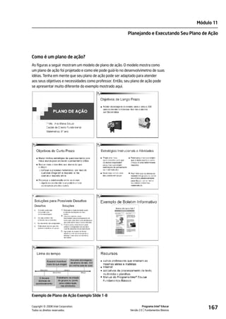Módulo 11

                                                          Planejando e Executando Seu Plano de Ação




Como é um plano de ação?
As figuras a seguir mostram um modelo de plano de ação. O modelo mostra como
um plano de ação foi projetado e como ele pode guiá-lo no desenvolvimetno de suas
idéias. Tenha em mente que seu plano de ação pode ser adaptado para atender
aos seus objetivos e necessidades como professor. Então, seu plano de ação pode
se apresentar muito diferente do exemplo mostrado aqui.




Exemplo de Plano de Ação Exemplo Slide 1-8


         ©
Copyright 2008 Intel Corporation.
Todos os direitos reservados.
                                                                      Programa Intel® Educar
                                                            Versão 2.0 Fundamentos Básicos
                                                                                                   167
 