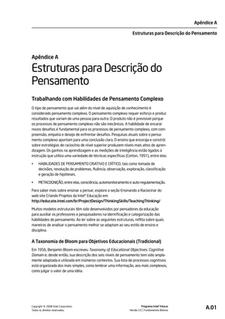 Apêndice A

                                                                 Estruturas para Descrição do Pensamento




Apêndice A

Estruturas para Descrição do
Pensamento
Trabalhando com Habilidades de Pensamento Complexo
O tipo de pensamento que vai além do nível de aquisição de conhecimento é
considerado pensamento complexo. O pensamento complexo requer esforço e produz
resultados que variam de uma pessoa para outra. O produto não é previsível porque
os processos de pensamento complexo não são mecânicos. A habilidade de encarar
novos desafios é fundamental para os processos de pensamento complexo, com com-
preensão, empatia e desejo de enfrentar desafios. Pesquisas atuais sobre o pensa-
mento complexo apontam para uma conclusão clara. O ensino que encoraja e constrói
sobre estratégias de raciocínio de nível superior produzem níveis mais altos de apren-
dizagem. Os ganhos na aprendizagem e as medições de inteligência estão ligados à
instrução que utiliza uma variedade de técnicas específicas (Cotton, 1991), entre elas:

•    HABILIDADES DE PENSAMENTO CRIATIVO E CRÍTICO, tais como tomada de
     decisões, resolução de problemas, fluência, observação, exploração, classificação
     e geração de hipóteses.

•    METACOGNIÇÃO, entre elas, consciência, automonitoramento e auto-regulamentação.

Para saber mais sobre ensinar a pensar, explore a seção Ensinando a Raciocinar do
web site Criando Projetos da Intel® Educação em:
http://educate.intel.com/br/ProjectDesign/ThinkingSkills/TeachingThinking/

Muitos modelos estruturais têm sido desenvolvidos por pensadores da educação
para auxiliar os professores e pesquisadores na identificação e categorização das
habilidades de pensamento. Ao ler sobre as seguintes estruturas, reflita sobre quais
maneiras de analisar o pensamento melhor se adaptam ao seu estilo de ensino e
disciplina.


A Taxonomia de Bloom para Objetivos Educacionais (Tradicional)
Em 1956, Benjamin Bloom escreveu Taxonomy of Educational Objectives: Cognitive
Domain e, desde então, sua descrição dos seis níveis de pensamento tem sido ampla-
mente adaptada e utilizada em inúmeros contextos. Sua lista de processos cognitivos
está organizada dos mais simples, como lembrar uma informação, aos mais complexos,
como julgar o valor de uma idéia.




         ©
Copyright 2008 Intel Corporation.
Todos os direitos reservados.
                                                                         Programa Intel® Educar
                                                               Versão 2.0 Fundamentos Básicos
                                                                                                       A.01
 