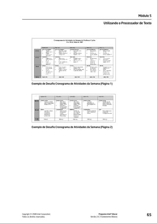Módulo 5

                                                                        Utilizando o Processador de Texto




           Exemplo de Desafio Cronograma de Atividades da Semana (Página 1)




           Exemplo de Desafio Cronograma de Atividades da Semana (Página 2)




         ©
Copyright 2008 Intel Corporation.
Todos os direitos reservados.
                                                                   Programa Intel® Educar
                                                         Versão 2.0 Fundamentos Básicos
                                                                                                     65
 