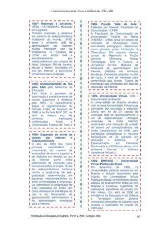 Licenciatura em Letras. Curso a distância da UFAL-UAB.
Introdução à Educação a Distância. Parte 2. Prof. Gonzalo Abio 40
I
V
I
I
I
V
I
I
I
V
I
I
I
V
I
I
I
V
I
I
I
V
I
I
I
V
I
I
I
V
I
I
I
V
I
I
I
V
I
I
I
V
I
1999- Expansão da oferta de
cursos por Internet e
videoconferência
O ano de 1999 tem como
principal característica o
crescimento do número de
instituições de ensino superior e
de institutos em direção ao uso
da Internet como mídia
preferencial de interação para
cursos em todos os níveis. O uso
da videoconferência continua
restrito a programas de pós-
graduação desenvolvidos em
parcerias interuniversitárias ou
entre universidades e empresas.
Os seminários e congressos de
EAD realizados no Brasil têm
como destaque as estratégias de
uso e as ferramentas de
gerenciamento administrativo e
da aprendizagem orientadas
para a Internet.
1999- Credenciamento de IES
para EAD pelo Ministério da
Educação
Tem início o processo de
autorização e credenciamento de
cursos superiores a distância
pelo MEC. O procedimento
segue a regulamentação do
Decreto 2.494, de fevereiro de
1998, e da Portaria MEC 301, de
abril do mesmo ano. As
primeiras instituições
credenciadas foram a
Universidade Federal do Pará e
a Universidade Federal do
1997- Mestrado a distância,
UFSC – PETROBRÁS, Mestrado
em Logística
Primeiro mestrado a distância
por sistema de videoconferência
multiponto do mundo. UFSC
lança o ambiente LED de
aprendizagem por Internet.
Alunos interagem com os
professores no Campus da
UFSC em tempo real e
simultaneamente por
videoconferência nas cidades de
Natal, Salvador, Rio de Janeiro,
Macaé e Belém. Atividades off
line por Internet, e seminários
presenciais para avaliação.
1999- UNIREDE – Universidade
Virtual Pública do Brasil
Em dezembro de 1999, 18
universidades públicas reúnem-se em
Brasília e lançam documento pela
criação da Universidade Virtual
Pública do Brasil. O movimento recebe
adesão de praticamente todas as IES
federais e estaduais, superando 50
instituições signatárias do projeto em
três meses. Em abril de 2000 os
ministérios da Educação e de Ciência
e Tecnologia baixam portaria
nomeando comissões de trabalho para
analisar a viabilidade de criação da
instituição.
1998- Projeto ‘Sala de Aula’,
Extensão por Internet, Faculdade de
Comunicação – UFBA
A Faculdade de Comunicação da
Universidade Federal da Bahia
(FACOM – UFBA) lança um projeto de
utilização do ciberespaço como
instrumento pedagógico, oferecendo
como primeiro curso Introdução à
Cibercultura. Em seguida oferece
cursos de Hipertexto e Ficção
Literária, Marketing, Novas
Tecnologias, Arte e Cultura, e
Jornalismo On-line. Módulos de
atividades de aprendizagem por
Internet, divididos em semanas
temáticas. Conteúdos próprios no site
do curso, e links de interesse para
comentários dos alunos. Tutoria de
orientação das atividades por lista de
discussão via Internet.
1999- Universidade Virtual, UnB –
Universidade de Brasília
A Universidade de Brasília oficializa
com o nome Universidade Virtual suas
atividades por educação a distância.
Oferta em 99 de 07 cursos de
extensão, dois de aperfeiçoamento e
um de especialização. Utilização
crescente da mídia Internet,
sinalizando uma transição do modelo
de ensino por correspondência, até
então característico da UnB, para
estratégias pedagógicas e recursos
tecnológicos de 3a geração em
educação a distância. A
Especialização em Educação
Continuada e a Distância utiliza como
ambiente Internet o software
canadense Virtual U.
 