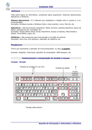 Instituto CSU

Software

Toda parte lógica da informática, constituído pelos programas: Sistemas Operacionais,
Aplicativos e Utilitários.

Sistema Operacional – É o software que estabelece a relação entre o usuário e o mi-
crocomputador.
Exemplos: Windows (sendo o Windows Vista o mais recente), Linux, Mac-Os, etc.

Aplicativos – São ferramentas específicas: Editor de texto, planilha eletrônica, banco de
dados, gravação de CD, animação, etc.
Exemplos: Pacote Office (Word, Excel, PowerPoint, Access e Outlook), Macromedia e
Adobe, Corel DRAW, jogos, etc.

Utilitários – São programas para manutenção e correção do sistema.
Exemplos: Anti-vírus, anti-spyware, reparador de registros, etc.


Peopleware

Termo que representa o operador de microcomputador, ou seja, o usuário.

Exemplo: Digitador, internauta, operador de computador, WEB designer, etc.


              Conhecimento e manipulação do teclado e mouse.

Teclado - Divisão


           Teclado de funções (F1 ao F12)
                                                        Teclado de edição

                                                                              Teclado
                                                                             numérico
                                                                             reduzido




                  Teclado alfanumérico




 16                                Apostila de Introdução a Informática e Windows
 