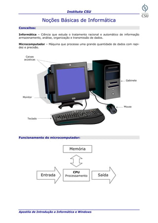 Instituto CSU
Apostila de Introdução a Informática e Windows
Noções Básicas de Informática
Conceitos:
Informática – Ciência que estuda o tratamento racional e automático de informação
armazenamento, análise, organização e transmissão de dados.
Microcomputador – Máquina que processa uma grande quantidade de dados com rapi-
dez e precisão.
Monitor
Teclado
Caixas
acústicas
Gabinete
Mouse
Funcionamento do microcomputador:
Memória
Entrada Saída
CPU
Processamento
7
 