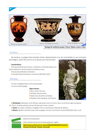 22
http://4.bp.blogspot.com/-y6DP3xPxHhE/TmAYIn3k6vI/AAAAAAAAA90/OKQOTGg1eYo/s640/ceramicagrega.jpg
Tipologia de vasilhames gregos. Pintura. Ânfora, cratera e hidra.
Na escultura, os gregos foram grandes artistas. Representaram à luz da racionalidade os seus principais
personagens, sejam eles comuns ou os deuses que reverenciavam.
Características:
l Esculturas de formas humanas, inicialmente, no Período Clássico, em
bronze, depois em mármore pela sua resistência maior;
l busca pela perfeição na estatuária;
l antropomorfismo absoluto e movimento (AZEVEDO, 2012).
Os seres mitológicos foram muito representados
na arte escultórica grega.
Alguns deuses:
l Zeus: senhor dos céus;
l Afrodite: deusa do amor;
l Apolo: deus das artes e da beleza;
l Poseidon: deus das águas; entre outros.
l Olimpíadas: Realizavam-se em Olímpia, cada quatro anos, em honra a Zeus. Os primeiros jogos começaram
em 776 a.C. As festas olímpicas serviam de base para marcar o tempo.
l Teatro: Foi criada a comédia e a tragédia. Entre as mais famosas: Édipo Rei de Sófocles.
l música: Significa a arte das musas, entre os gregos a lira era o instrumento nacional (AZEVEDO, 2012, p.13).
Escultura
Mitologia
míDIAS INTEGRADAS
Visite: Glossário de termos do teatro grego (em inglês):
http://www.currituck.k12.nc.us/cms/lib4/NC01001303/Centricity/
Domain/121/Greek_Theatre_Terms.pdf
15
16
 